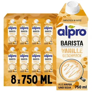 Alpro Barista Vanille – Zum Aufschäumen – Von Natur aus laktosefrei – Reich an Ballaststoffen, Calcium und Vitaminen – 8 x 750 ml – Haltbar