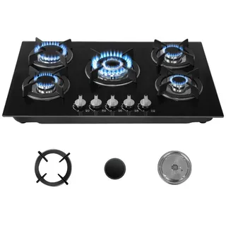 IsEasy - Gaskochfeld 4 Flammig Gaskochfeld Glas mit Automatischer Thermoelementschutz, Einbau Kochfeld Glas, 4 Zonen Gaskochfeld,