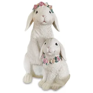 Loberon Hasen Sappos, handbemalt, Osterhasen-Duo mit Blütenkranz, Romantik-Look, Ostern, Osterdeko, Osterfiguren, Polyresin, weiß