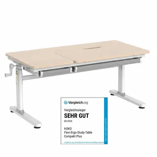 HOKO Kinderschreibtisch höhenverstellbar 54-76 cm, ergonomischer Schreibtisch (für Kinder & Jugendliche, 120x60 cm, neigbare Tischplatte mit Schubladen, stabil & belastbar bis 100 kg, Weiß, Holzfarben) beige