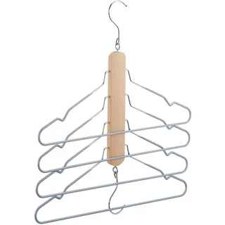 Relaxdays 3 x Mehrfach Kleiderbügel, platzsparend, 4 Hemdenbügel mit Hosensteg, Holz, Metall, Antirutschbügel, Natur/grau