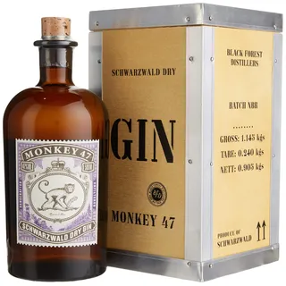 Monkey 47 Schwarzwald Dry Gin in traditioneller Holzkiste – Harmonischer Gin mit Wacholderaroma und frischen Zitronen- und Fruchtnoten – 1 x 0,5 l