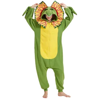 YUTCOTC Dinosaurier-Onesie-Kostüm Dilophosaurus Pyjama für Erwachsene Halloween-Cosplay Cartoon-Dinosaurier-Nachtwäsche für Frauen und Männer - S