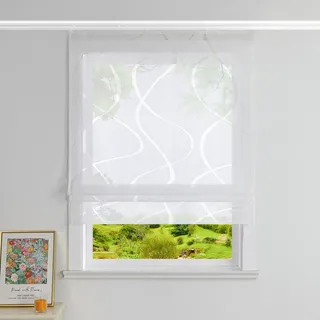 Heichkell Raffrollo mit Klettband Ausbrenner Design Transparent Vorhang Rollo ohne Bohren Schiene Raffgardine Modern Weiß BreitexHöhe 100x140 cm