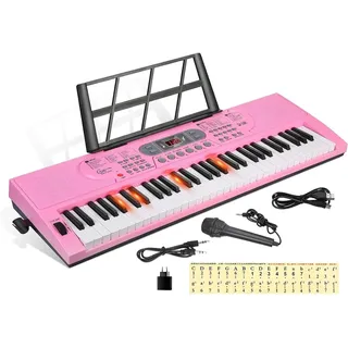Hricane 61 leuchttasten epiano digitalpiano mit Mikrofon Notenständer & Klaviernote, Midi Keyboard in voller Größe elektrisches klavier für Erwachsene Kinder (leuchttasten-Rosa)