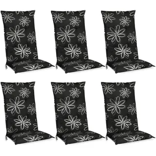 Beautissu 6er Set Hochlehner Auflage für Gartenstuhl 120x50 cm Flores – 6cm Dicke Polster Auflage Sitzpolster Hochlehner UV-Lichtecht – Gartenstuhlauflage schwarz mit Blumen
