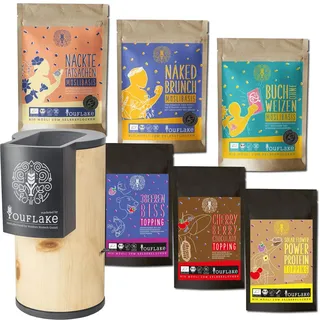 YouFlake Starter-Kit elektrisch MuesliMachine (Zirbe) elektrische Flockenquetsche Bundle mit 3 BIO Müslisorten und 3 BIO Toppings