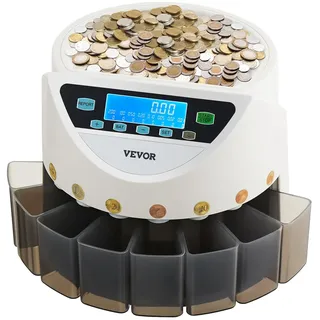 Vevor Euro-Münzsortierer, Münzzählmaschine für 8 Arten von Euro-Münzen, Münzzählautomat für bis zu 850 Münzen, großes LCD-Display, Münzaufbewahrung inkl. 5 Münzröhren & 8 Münzboxen