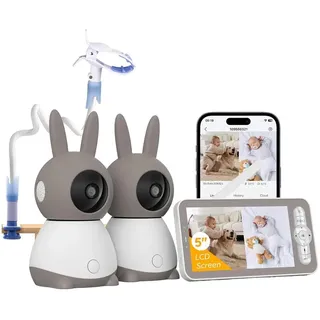 Boifun Video-Babyphone Babyphone mit 2 Kameras WLAN 5 Zoll Video Babyphone 2K/3MP PTZ 355°, Nachtlicht, 300m Reichweite, Zwei-Wege-Audio, 4X Zoom, 1-tlg., Weinen/Bewegungs/Geräuscherkennung, Automatische Verfolgung,unterstützt Mobile App Steuerung grau