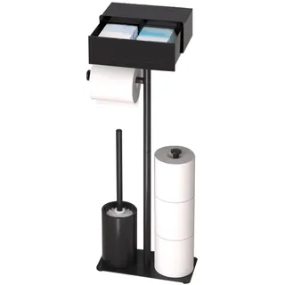 Edelstahl Klopapierhalter Stehend mit Klobürste, Toilettenpapierhalter mit Feuchttücherbox und WC Bürste, Klorollenhalter Stehend für 3 Reserverollen, WC Garnitur, Badezimmer Zubehör, Schwarz Matt