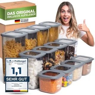 viwares Vorratsdosen mit Deckel Luftdicht, 12er Vorratsbehälter Set BPA-Frei, Vorratsdose zur Müsli Mehl Aufbewahrung Küche, Praktische Organizer - Grau