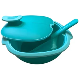 Tupperware kleiner Super Servierstar Siebservierer Thermo-Duo + Löffel Küchenhelfer Küchenchef Warmhalten Warmie Tups mit Servierlöffel türkis aqua 2,4 Liter 2400ml