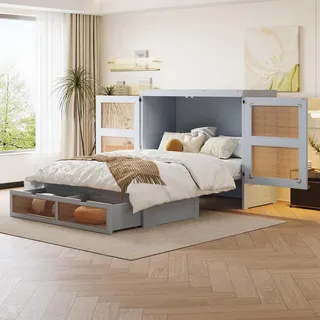 Merax Klappbett, 140 x 200 cm mit Latten, Schrankbett mit Schubladen, Rattan-Design, für Einzelbett und Jugendliche, Grau (ohne Matratze)