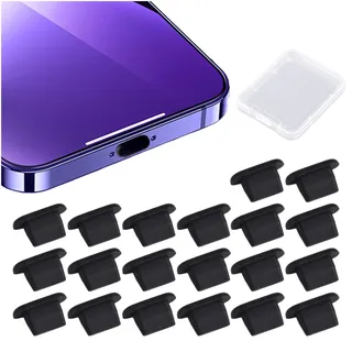 MAXQUU 20 Stück schwarzer Staubschutzstecker und 1 Stück transparente Box, Handy-Staubschutzstecker, Silikon-Steckerkopf, Handy-Ladeanschluss, Staubwasser, transparente Kunststoff-Aufbewahrungsbox