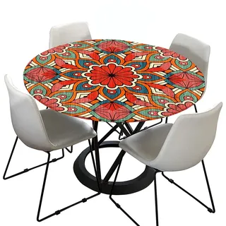 Morbuy Rund Tischdecke Elastisch, Mandala Rund Tischdecken Wasserdicht Lotuseffekt Abwaschbar Abwischbar Tischtuch für Dekoration Küchentisch Garten Outdoor (Durchmesser 120cm,rote Blume)