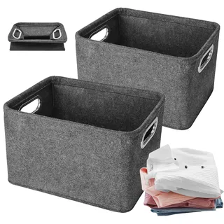 Cyiecw 2 Stück Filzkorb Aufbewahrung mit Griffen, Faltbarer Aufbewahrungsbox Filz, Verdickter Aufbewahrungskorb für Kleidung Handtücher Accessoires und Kinderspielzeug (Dark Grau)