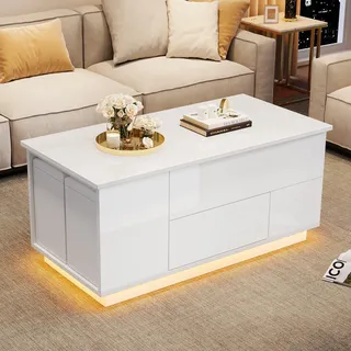 Merax Couchtisch Höhenverstellbar, Wohnzimmertisch Hochglanz mit Hebeplatte, Moderner Kaffeetisch mit LED, Sofatisch mit 2 Schubladen, Versteckter Stauraum, 2 Hockern, umwandelbar in Esstisch, Weiß