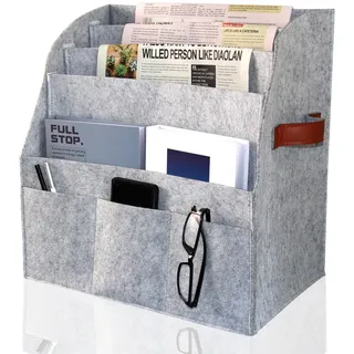 RSHVSMS Zeitungsständer, Modern Zeitschriftensammler Faltbarer ,Aufbewahrungsständer für große Filz-Zeitungskörbe,abnehmbare 4-lagige Trennwand,3 kleine Außentaschen,Lager für Haus und Büro, grau
