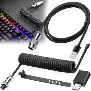 HAAMNING7 Custom Coiled Aviator USB-C-Kabel für Gaming-Tastatur, doppelt ummanteltes mechanisches geflochtenes USB-C-auf-USB-A-Tastaturkabel mit abnehmbarem Metall-Aviator (schwarz, 1M/3.2FT)