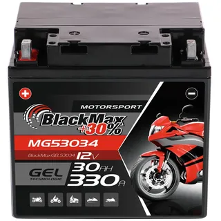 BlackMax +30% Motorsport 53034 GEL Motorradbatterie 12V 30Ah 330A EN, DIN 53034, Pluspol links, 178 x 123 x 166 mm, wartungsfrei und direkt einsatzbereit