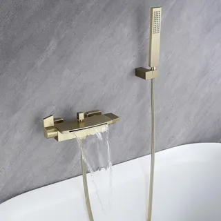 Badewannenarmatur Wasserfall Armatur Badewanne Mischbatterie mit Brause Wannenarmatur,Wannenarmatur Wasserfall,Armatur Badewanne Set, Messing badewannenarmaturen (gold gebürstet)