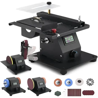 vrietina 4-IN-1 Mini Tischkreissäge 350W mit LED-Voltanzeige, 0-90° Verstellbarer Bandschleifer mit 10 Schleifbänder, Doppelschleifmaschine, Multifunktionsgerät mit 7-stufig einstellbarer Geschwindigkeit