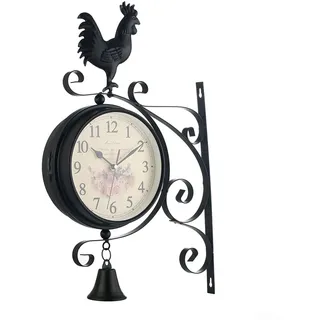 Oniissy Doppelseitige Wanduhr, mit Glocke und Hahn, Outdoor-Gartenuhr, Bahnhofsuhr, Vintage-Wanduhr, Outdoor-Gartendekoration