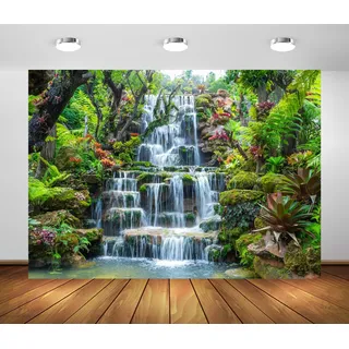 BELECO 3x2m Stoff-Gartenhintergrund mit Wasserfall, Bergen, Felsen, fließendem Wasser, See, Fluss, grünem Wald und Bäumen – Naturhintergrund für die Wanddekoration zu Hause, Fotostudio-Requisiten