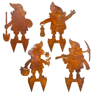 MIJOMA 4-teiliges Set Gartenzwerge Gartenstecker Zwerg GNOME 38x26cm Gartendeko Blumenstecker Rost Edelrost, Deko rostiges Metall für Garten Balkon