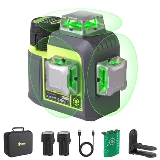 LasGoo 3D-RS12 Laser-Nivelliergerät: 3x360° grüner Strahl, selbstnivellierend, ideal für Bau und Bilderaufhängung. Mit 2 wiederaufladbaren 11.1V-Batterien, magnetischem Ständer und Type-C-Kabel