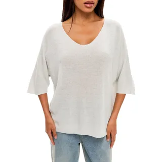 SOVENTUS FASHION Feinstrickpullover Damen V-Ausschnitt dünner Pullover Damen Oversize Leichter eleganter Glitzer Lurex Pullover Frauen, Made in Italy, wieß - Einheitsgröße