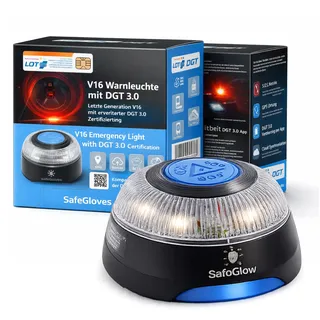 Safeglow® Warnleuchte V16 DGT 3.0 Notlicht inkl. SIM Karte - IDIADA Zulassung Nr. PC21020060 - Warndreieck - Pannendreieck ab 2026 Spanien - für Auto & Motorrad (V16 Leuchte mit SIM - DGT 3.0)