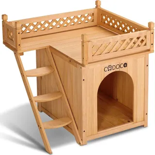 CADOCA Tierhaus Fsc®-zertifiziertes Kiefernholz 66x53x64cm 2-stöckig Treppe Sonnenterrasse Katzenhaus Katzenhütte Hundehütte Katzenvilla Lodge Balkon