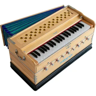 Harmonium von Maharaja Musicals, in USA, 9 Blenden, 3 1/2 Oktave, Doppelblatt, Koppler, natürliche Farbe, Standard, gepolsterte Tasche, A440 gestimmt, Musikinstrument Indian Sangeeta (PDI-ABG)
