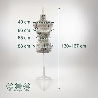 Relaxdays Schneiderpuppe 36/38 Paris Beige,Weiß,Schwarz