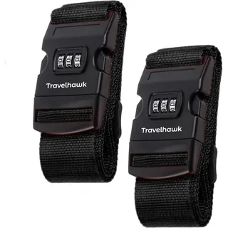 TravelHawk Koffergurt Schwarz - 2 Stück - Koffergurt mit Zahlenschloss, Kofferband mit Schloss, TSA-Schloss Kofferband Gurt für Handgepäck, Gepäckband Koffer, Kofferbänder, Luggage Strap