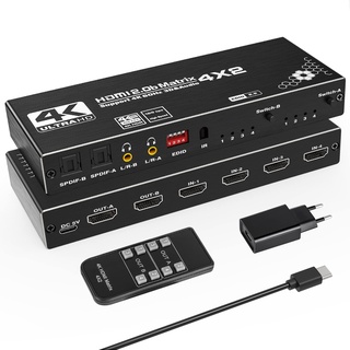 HDMI Matrix 4x2 - Tendak 4 In 2 Out HDMI Switch Matrix 4K@60Hz HDMI Splitter Umschalter + Optisch SPDIF & 3,5mm Stereo Audio Extractor Unterstützt HDMI 2.0 HDCP 2.2 EDID HDR 3D mit IR-Fernbedienung