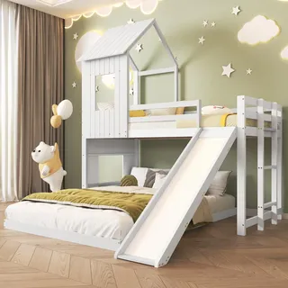 Ball & Cast Hochbett (90x200cm&140x200cm) Kinderbett mit Treppe und Rutsche, Doppelbett mit Fenster und Dach für 3 Kinder, ohne Matratze, Weiß