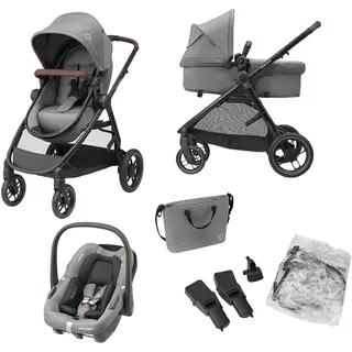 Maxi-Cosi Zelia S Trio Kinderwagen 3 in 1 Komplettset, 0-4 Jahre, bis 22 kg, Zusammenklappbar, Kompakt, Verstellbarer Baby Kinderwagen, mit CabrioFix S i-Size Babyschale, Zubehör, Wickeltasche, Grau