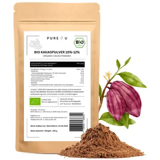 PURE4U BIO Kakaopulver 10%-12% | Für Smoothie, Bowl, Joghurt, Dessert, Granola, Backen | Vegan | ohne Zusatzstoffe | Powder 100g