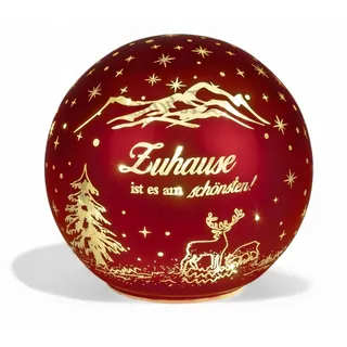 Formano LED Deko-Kugel Rot Zuhause ist es am Schönsten Glaskugel aus mattem Farbglas und Goldener Innenfarbe - Herbst Winter Weihnachtsdeko für Tisch Regal Fensterbank