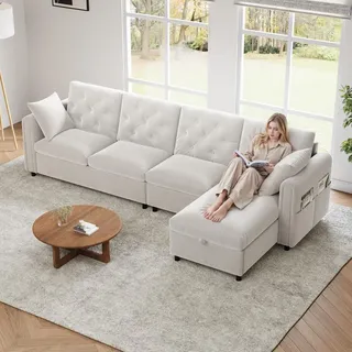 Merax Ecksofa L-förmiges 4-Sitzer, sofa mit Bettkasten, Schlaffunktion, Kissen und Magazintaschen, Couch, Couchgarnitur, Samt, Beige - Beige