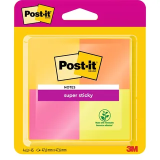 Post-it Super Sticky Notes, Verschiedene Neonfarben, 4 Blöcke, 47.6 mm x 47.6 mm, 45 Blatt pro Block - Extra-stark klebende Notizzettel für To-Do-Listen und Erinnerungen