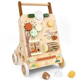 Little Log Lauflernwagen Holz Baby Lauflernhilfe mit gummierten Holzrädern Gehhilfe Holz mit Multifunktional Activity Center Lernspielzeug Holzspielzeug Geschenk für Jungen Mädchen ab 12 Monaten