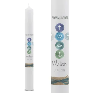 VILLA ROSA LOTTA – Personalisierbare Kommunionkerze Taufkerze „Wotan“ mit Wunschdaten und Rückseite | christliche Symbole | 40 cm x 4 cm | für Jungen und Mädchen | Altarkerze elfenbein