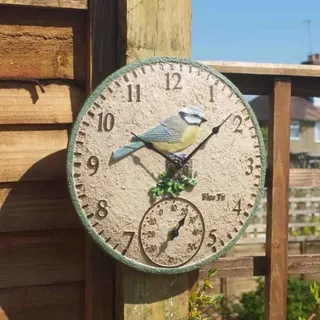 Garden Mile Gartenuhr und Thermometer, 30 cm, blaues Vogel-Design, langlebige Quarz-Uhren, Outdoor-Wanddekoration, dekorative Wanduhr für Terrasse, Küche, Wohnzimmer-Dekor