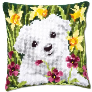 Vervaco Kreuzstich Stickpackungen Kissen Stickerei Set Anfänger Vorgedruckt Westie mit Osterglocken DIY Set Kreativ Set Für Erwachseneca. 40 x 40 cm Bastelset Handwerker Haus Dekoration