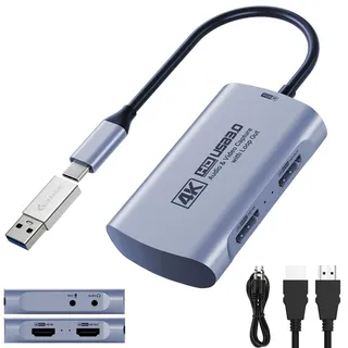 Guermok 4K 60 FPS & 1080P 240 FPS HDMI-Capture-Karte für Streaming, USB 3.0 zu USB-C/A, 4K60 Passthrough, 3,5-mm-Audioeingang und Mikrofonausgang, kompatibel mit Switch 2/1, PS, Quest 3, PC, Pad