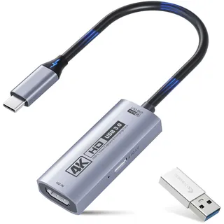 Guermok 4K USB 3.0 Video Capture Card with PD 100W, 4K@60FPS or 2K @144FPS HDMI to USB-A/C Capture Card for Streaming, Works with Pad, Tablet, MacOS, Switch2/1, Laptop, PC, Camera, VR, Silver