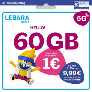 LEBARA Handytarif Hello! 60 | 60 GB Datenvolumen | 9,99€ mtl. | 5G mit bis zu 50 Mbit/s | Allnet-Flat Telefonie & SMS Deutschland inkl. EU-Roaming | 200 Auslandsminuten